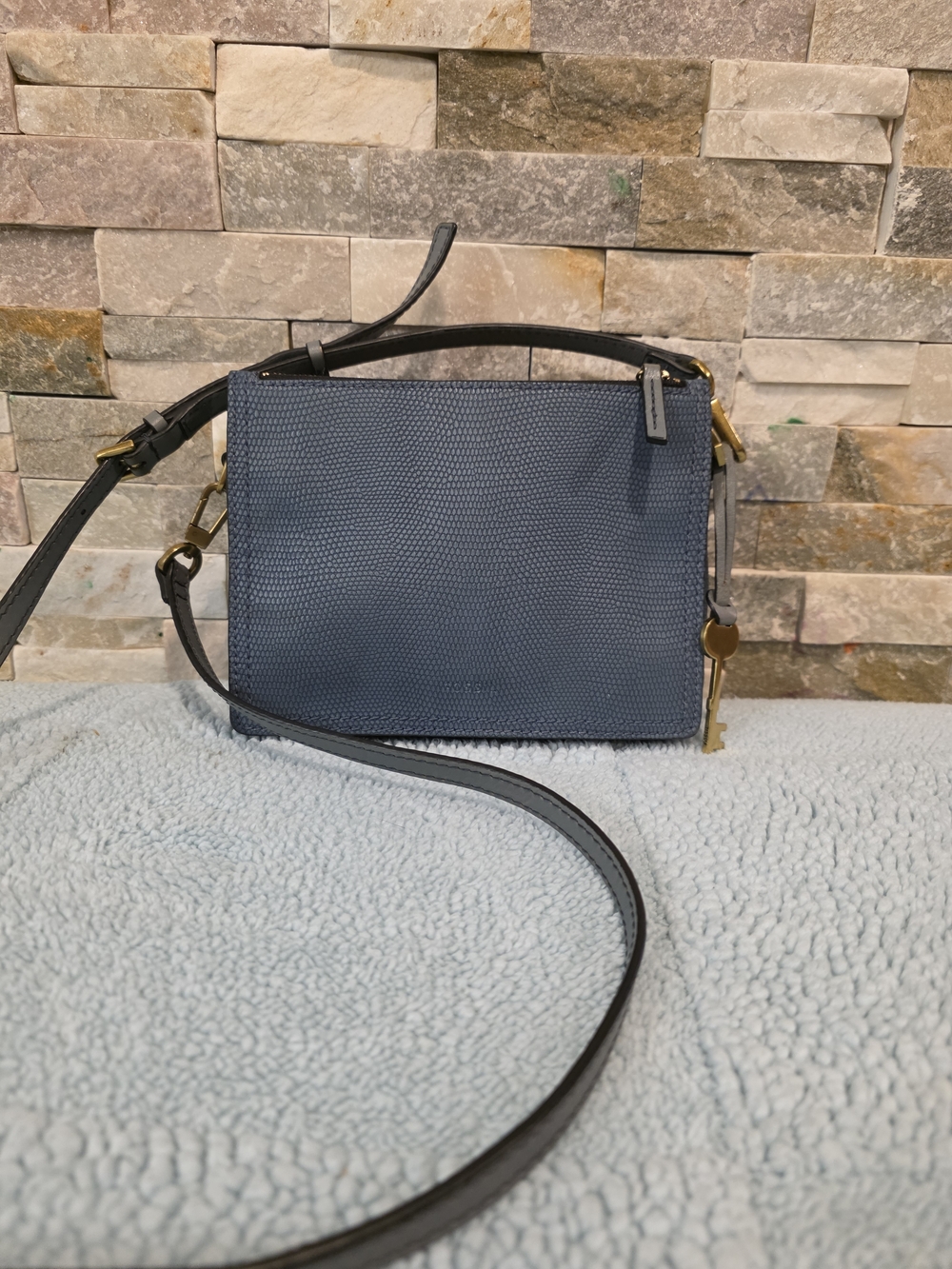 Fossil Navy Textured Crossbody with Key Charm